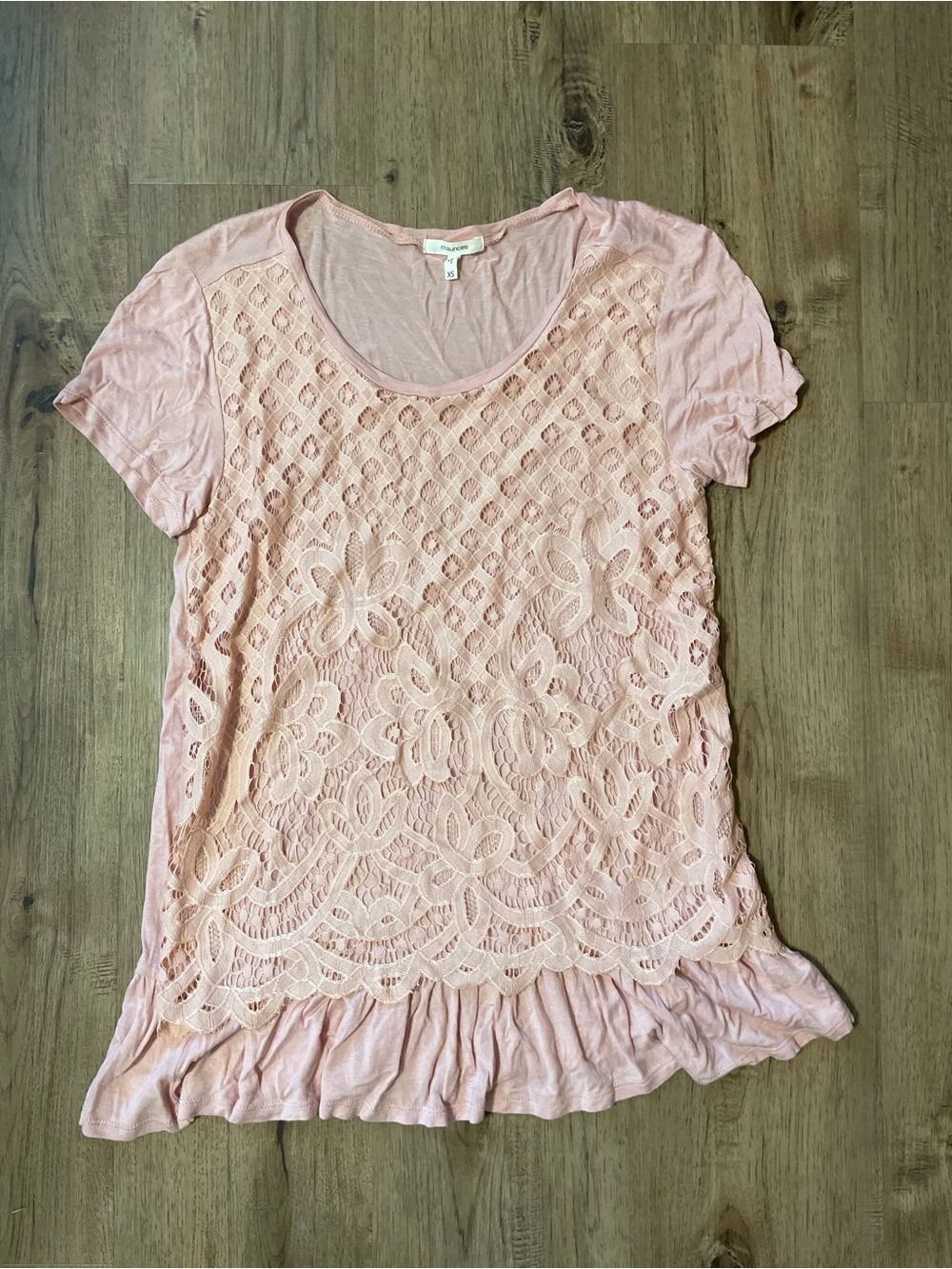 Maurices Light Pink Lace Scoop Neck Top with Ruffle Hem
